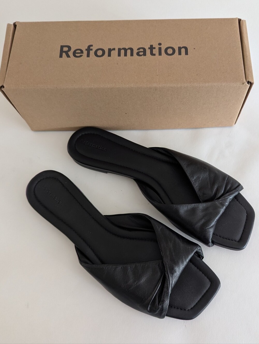 Reformation Black Twisted Square-Toe Slip-On Mules